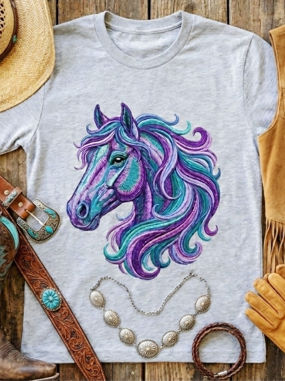 Faux Embroidery Horse Tee • Western Cowgirl Graphic Shirt • Boho Ranch Top